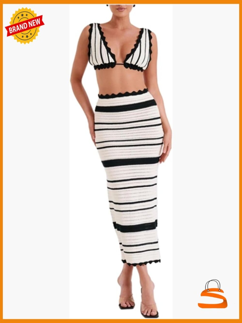 Crochet Knit 2 Piece Skirt Set Women Bodycon Long Skirt Top